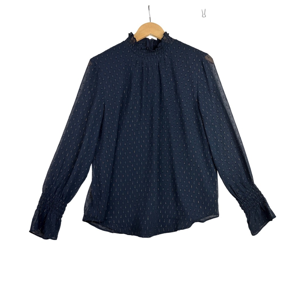 Ann Taylor Metallic Dot Smocked Neck Sheer Long Sleeve Blouse size Medium Black